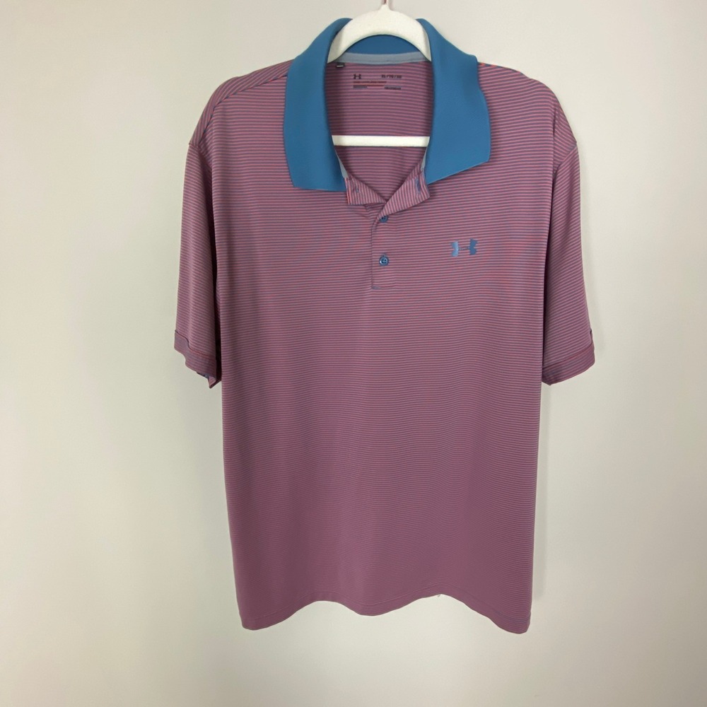 Under Armour HeatGear Loose Polo Shirt Mens XL Striped Short Sleeves Orange Blue